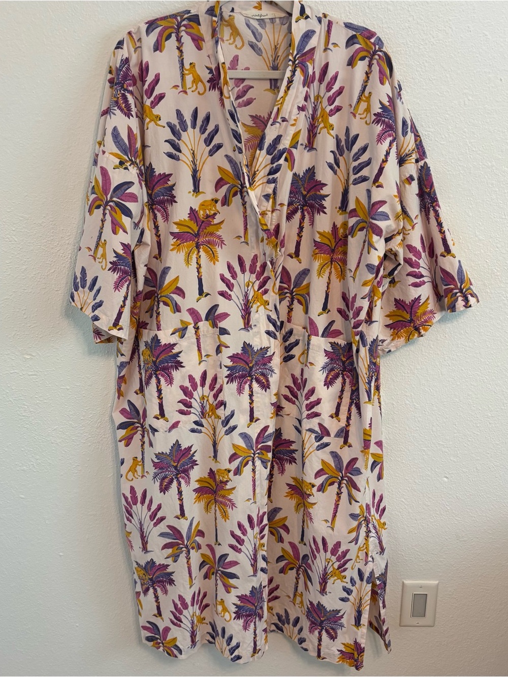 Print fresh artisanal cotton robe L/XL vibrant tropical monkey palm print comfy
